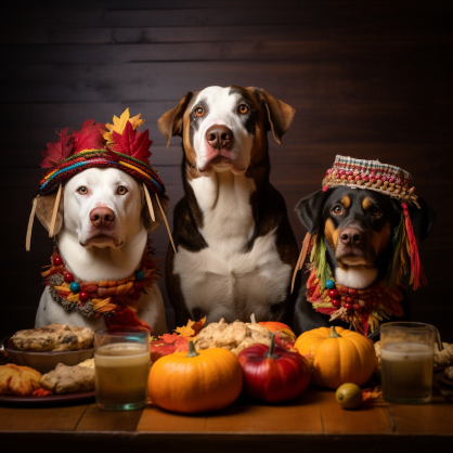 Three dogs dressed up for holiday thanksgiving.